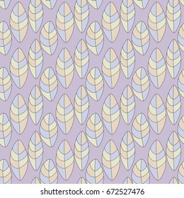 Seamless colored pattern from abstract leaves. Pastel tones. Violet background. Black contour lines. Vector eps 10.