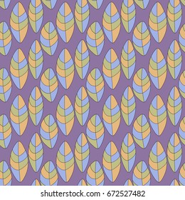 Seamless colored pattern from abstract leaves on a violet background. Black contour lines. Vector eps 10.
