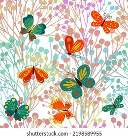 Seamless colored pattern of abstract sprigs with berries. Vector illustration with butterflies. Vector botanical design for textile, wrapping paper, branding
