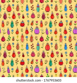 seamless colored pattern with bugs and plants fabric print vector illustration