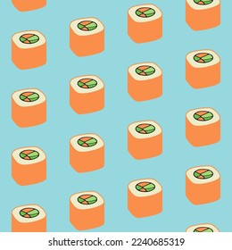 Seamless colored pattern with cartoon Japanese sushi roll