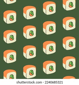 Patrón de color sin foco con el rollo de sushi japonés de dibujos animados