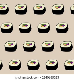 Seamless colored pattern with cartoon Japanese sushi roll