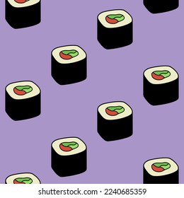Seamless colored pattern with cartoon Japanese sushi roll