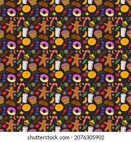 Seamless colored pattern with christmas sweets. Doodle christmas seamless food pattern on grey background