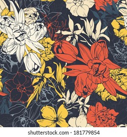 Seamless colored pattern composed of spring flowers hand drawn