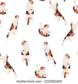 Seamless colored pattern with different cat poses flat illustration. Creative decorative background with various pet isolated on white. Funny cute animal.
