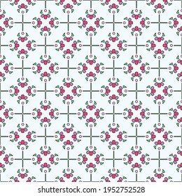 Seamless colored pattern in ethnic style. Abstract flowers with petals in green, purple and dark pink colors, white background. Ideal for any your bold design or advertising project.