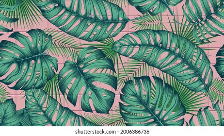 Seamless colored pattern with exotic tropical leaves on pink square tiles background, botany composition in trendy contemporary, vector illustration