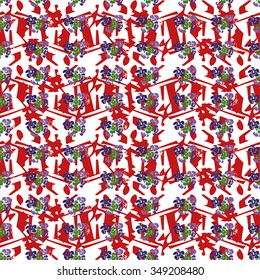 Seamless colored pattern with green, red and lilac elements on white background