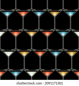 seamless colored pattern on a dark background in the form of a mesh ornament consisting of glasses to decorate the backgrounds of bar interiors and prints on the covers of wine lists