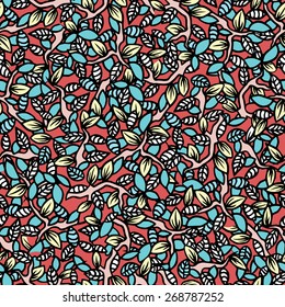  Seamless colored pattern. Retro decorative leaves on branches. Hand drawn wallpaper.