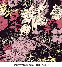 Seamless colored pattern, spring flowers, dark color