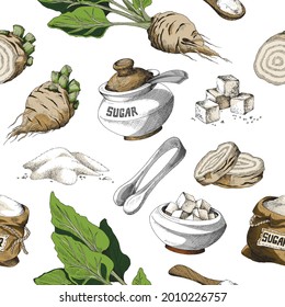 Seamless colored pattern of sugar beet and objects with sugar. Background vector illustration of hand drawn beet root, sugar bowl, sugar tongs and a wooden spoon. Background sketch elements isolated