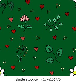 seamless colored pattern vector abstract fabric print with flowers and hearts vector illustration