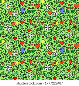 seamless colored pattern vector abstract fabric print with flowers and hearts vector illustration
