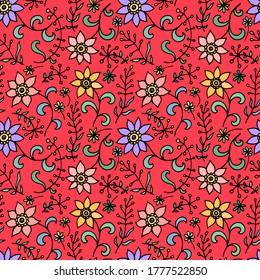seamless colored pattern vector abstract fabric print with flowers and hearts vector illustration
