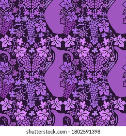 Patrón de color sin foco con vid y jarras. Hermoso adorno para el diseño. Impresión vectorial.