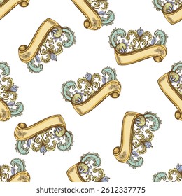Seamless colored pattern of vintage floral ornament with scroll ribbon banner