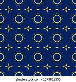 Seamless colored pattern with yellow stars and suns on a dark blue background.