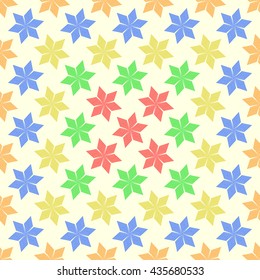 Seamless colored stylized stars background. Floral abstract wallpaper. Symmetric geometric snowflakes ornament. Vector illustration