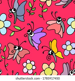 seamless colored vector fabric pattern with butterfly and flower