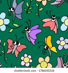 seamless colored vector fabric pattern with butterfly and flower