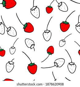 Seamless colored Vector outline pattern of strawberries isolated on a white background