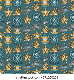 Seamless colored vector pattern with flat design scuba diving elements on blue background.