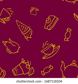 seamless colored vector pattern with tea caps and sweet food