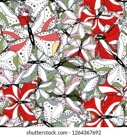Seamless colorfil pattern. Fantasy nice illustration. Beautiful butterflies flying in the floral jungle design for book pages. Vector illustration. Pictures in red, white and black colors.