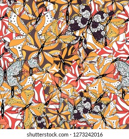 Seamless colorfil pattern. Mystical, symbols. Hand drawing on a white, orange and black background. Repeated doodles.