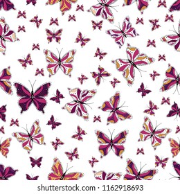 Seamless colorfil pattern. Repeated doodles. Mystical, symbols. Hand drawing on a white, pink and purple background.