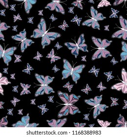 Seamless colorfil pattern. Vector illustration. Beautiful butterflies flying in the floral jungle design for book pages. Pictures in black, neutral and blue colors. Fantasy nice illustration.