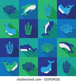 Seamless colorfol pixel whale pattern