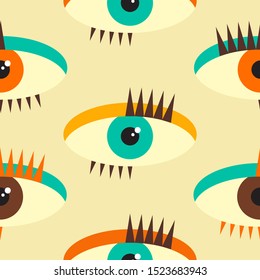 Seamless colorful 70s pattern design. Repetitive pattern with funny eye balls. Vector illustration for your graphic design.