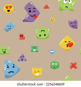 Seamless colorful Abstract background with emoji and abstract geometric shapes in memphis style. Trendy vector background in white, blue, yellow and red colors. - Shutterstock ID 2256248609