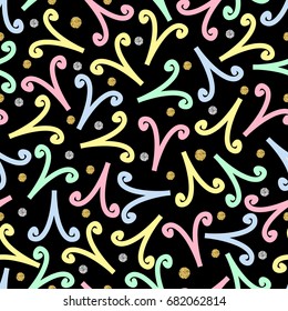 seamless colorful abstract confetti with gold and silver dot glitter pattern on black background