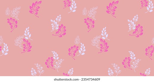 Seamless colorful abstract  cute branches, leaves on the pink background. Vector design ornament for paper, cover, fabric, interior decor, textile, wallpaper, surface design