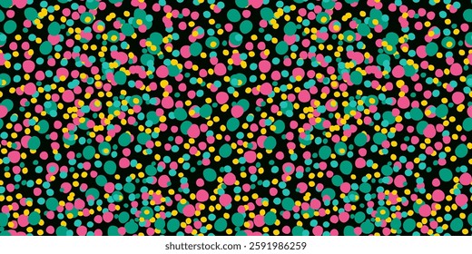 Seamless colorful abstract dot pattern with bright pink, turquoise and yellow circles on a black background for playful aesthetic modern web designs