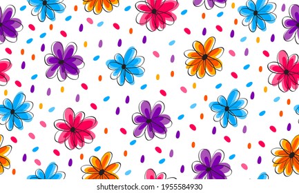 Seamless colorful abstract floral pattern on hand drawn style