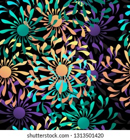 Seamless colorful abstract flower pattern. Black background. Vector illustration. For wallpaper, fabrics, wrapping paper, posters, etc.