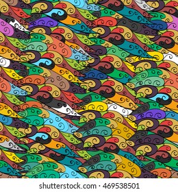 Seamless colorful abstract hand-drawn waves pattern, wavy background.
