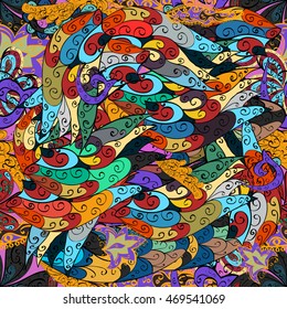 Seamless colorful abstract hand-drawn waves pattern, wavy background.