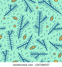 The seamless colorful abstract pattern with fir branches and cones. Winter overlapping nature background for your design.Textile, blog decoration, banner, poster, wrapping paper.