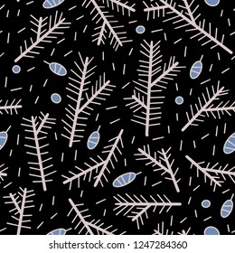 The seamless colorful abstract pattern with fir branches and cones. Winter overlapping nature background for your design.Textile, blog decoration, banner, poster, wrapping paper.