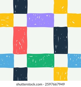 Seamless colorful abstract pattern of multicolored stripes and squares drawn with brush on light background, simple hand drawn illustration, flat style