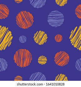 Seamless colorful abstract pattern spheres circles scribbled shapes on blue background for textile, wrapping paper, wallpapers, curtains, carpet, clothing, fashion fabric prints
