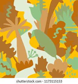 The seamless colorful abstract pattern with tropical leaves. Exotic overlapping nature background for your design.Textile, blog decoration, banner, poster, wrapping paper.