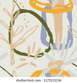 The seamless colorful abstract pattern with tropical leaves. Exotic overlapping nature background for your design.Textile, blog decoration, banner, poster, wrapping paper.